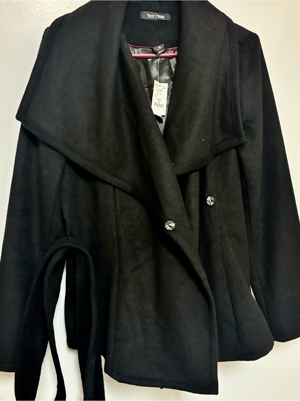 NWT White House Black Market Black Shawl Collar Wool-Blend Wrap Coat w belt - Picture 9 of 10